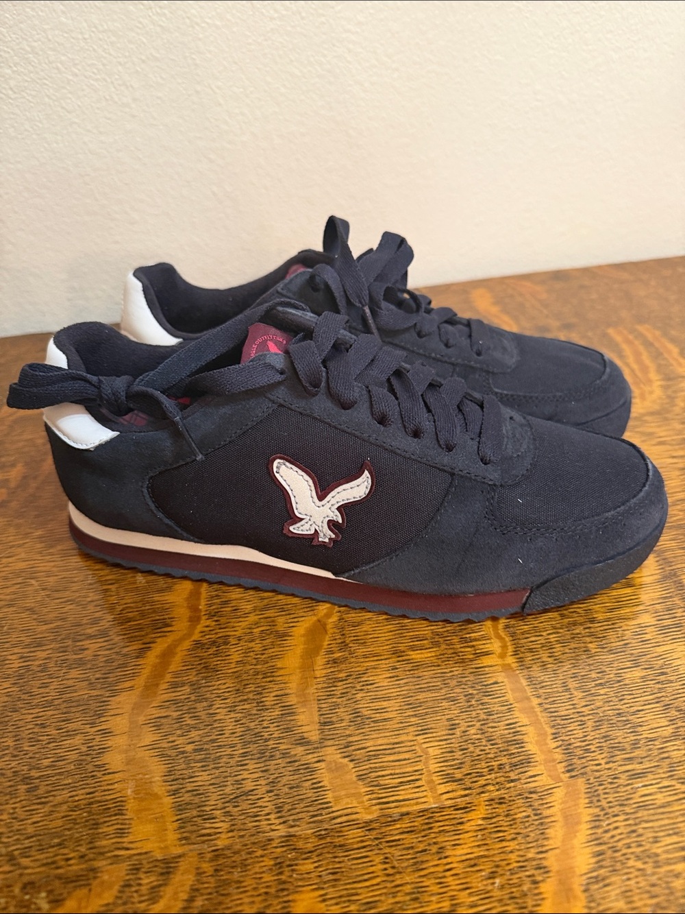 American Eagle Outfitters Navy Sneakers with White Heel and Red Plaid Lining
